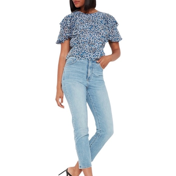 EXPRESS Leopard Print Tiered Ruffle Sleeve Peplum Top - Picture 2 of 6